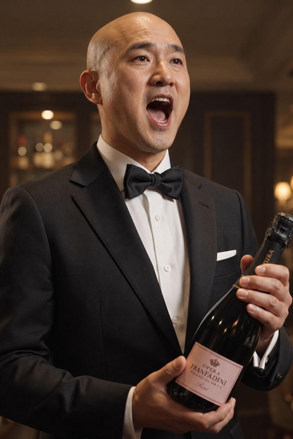 Ein singender Mann im Smoking mit einer Flasche in den Händen